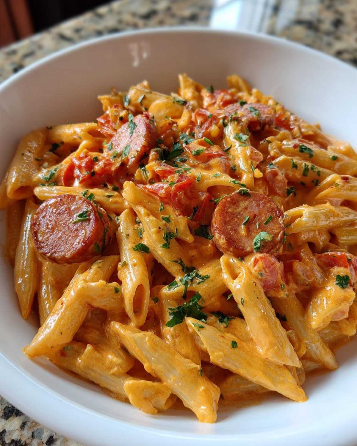 Close-up of creamy kielbasa pasta featuring penne, sliced smoked sausage, and tomatoes, garnished with parsley.