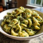 Close-up of a white bowl filled with creamy pesto pasta, topped with grated Parmesan cheese.
