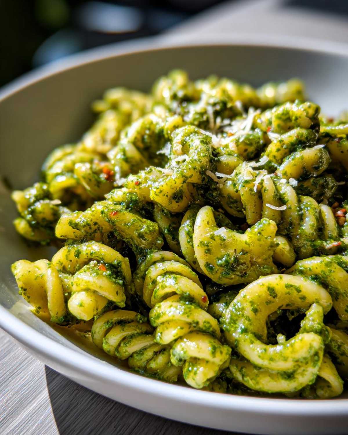 Close-up of rotini pasta generously coated in vibrant green creamy pesto pasta, topped with grated Parmesan cheese.
