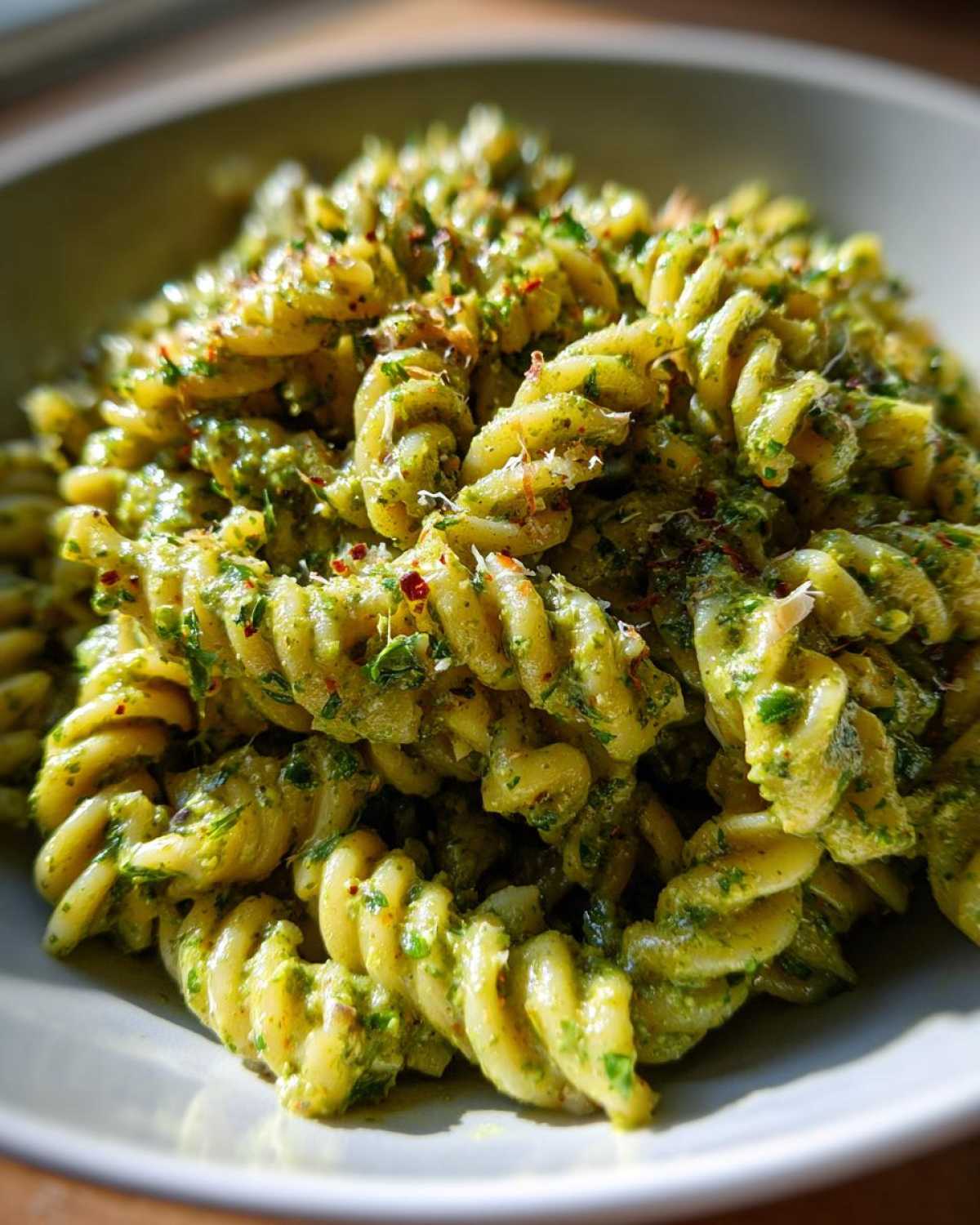 A close-up, brightly lit bowl of creamy pesto pasta made with fusilli noodles, topped with cheese and red pepper flakes.