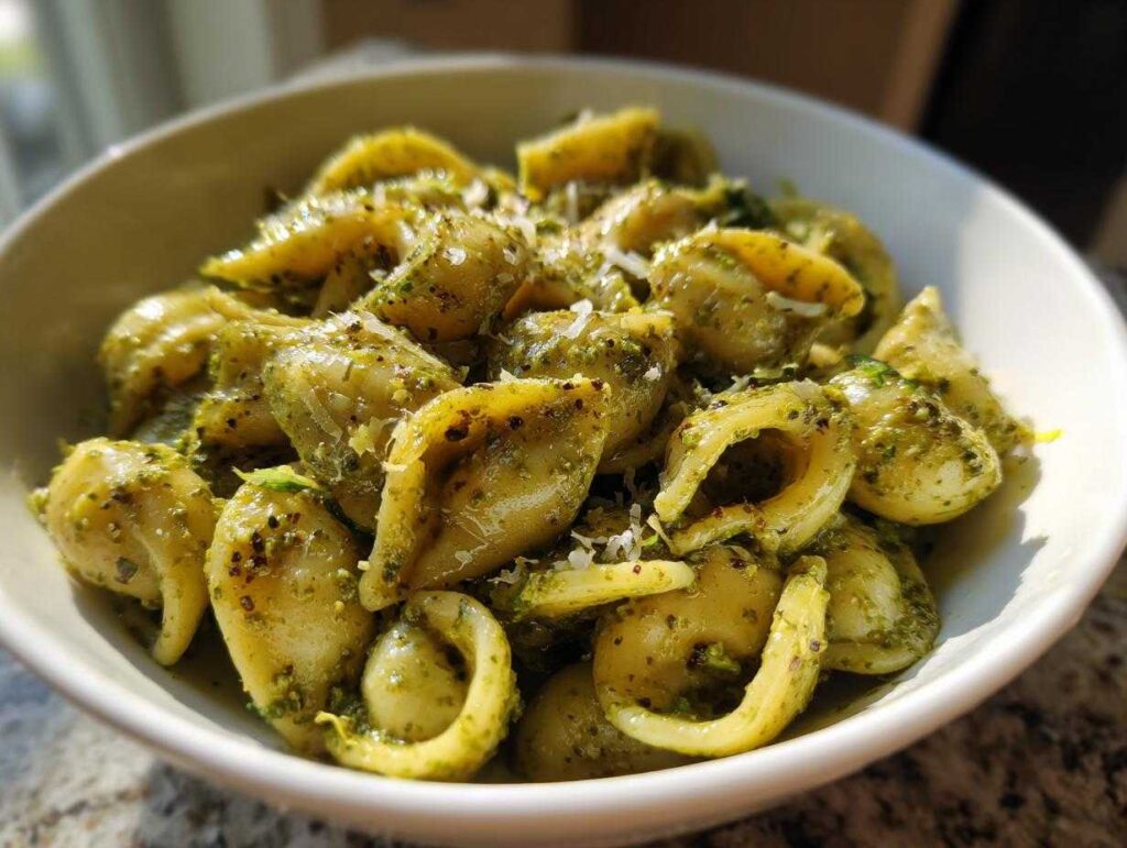 Close-up of a white bowl filled with creamy pesto pasta made with orecchiette or shell-shaped noodles.