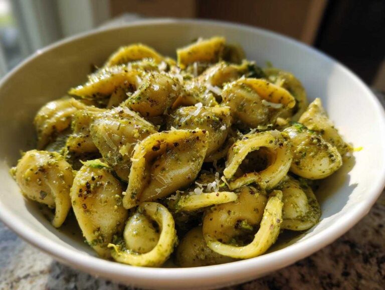Close-up of a white bowl filled with creamy pesto pasta made with orecchiette or shell-shaped noodles.