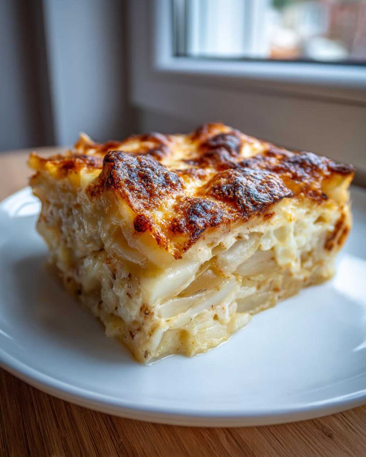 A perfectly baked square slice of creamy potatoes au gratin with a deeply browned, cheesy crust.