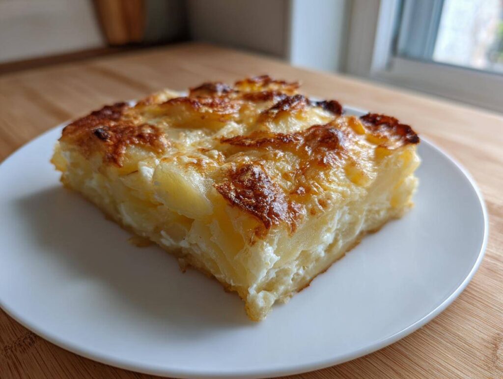 A square serving of creamy potatoes au gratin with a golden-brown, cheesy top, served on a white plate.