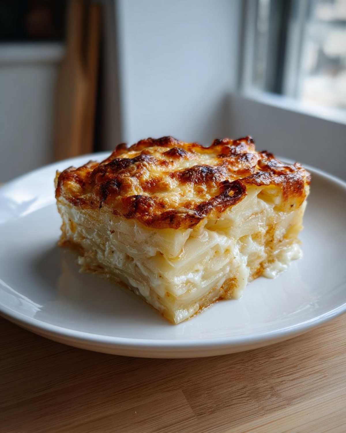 A square slice of creamy potatoes au gratin with a golden, bubbly cheese crust served on a white plate.