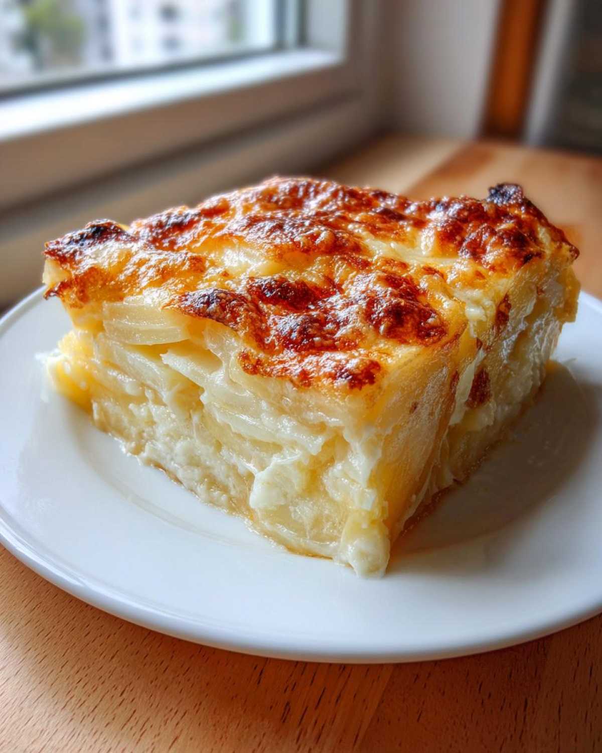 A generous square slice of creamy potatoes au gratin with perfectly browned, cheesy topping on a white plate.