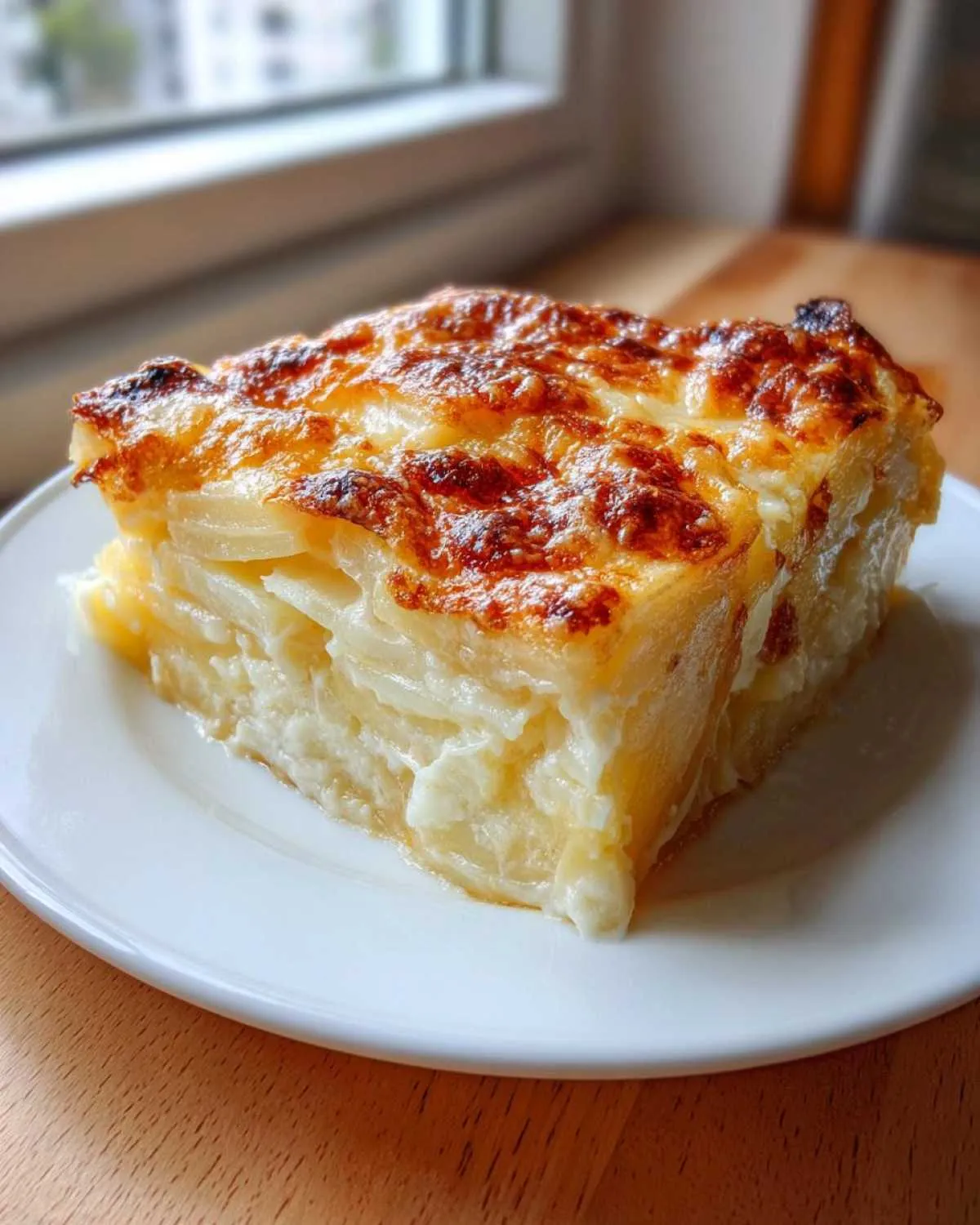 A generous square slice of creamy potatoes au gratin with perfectly browned, cheesy topping on a white plate.