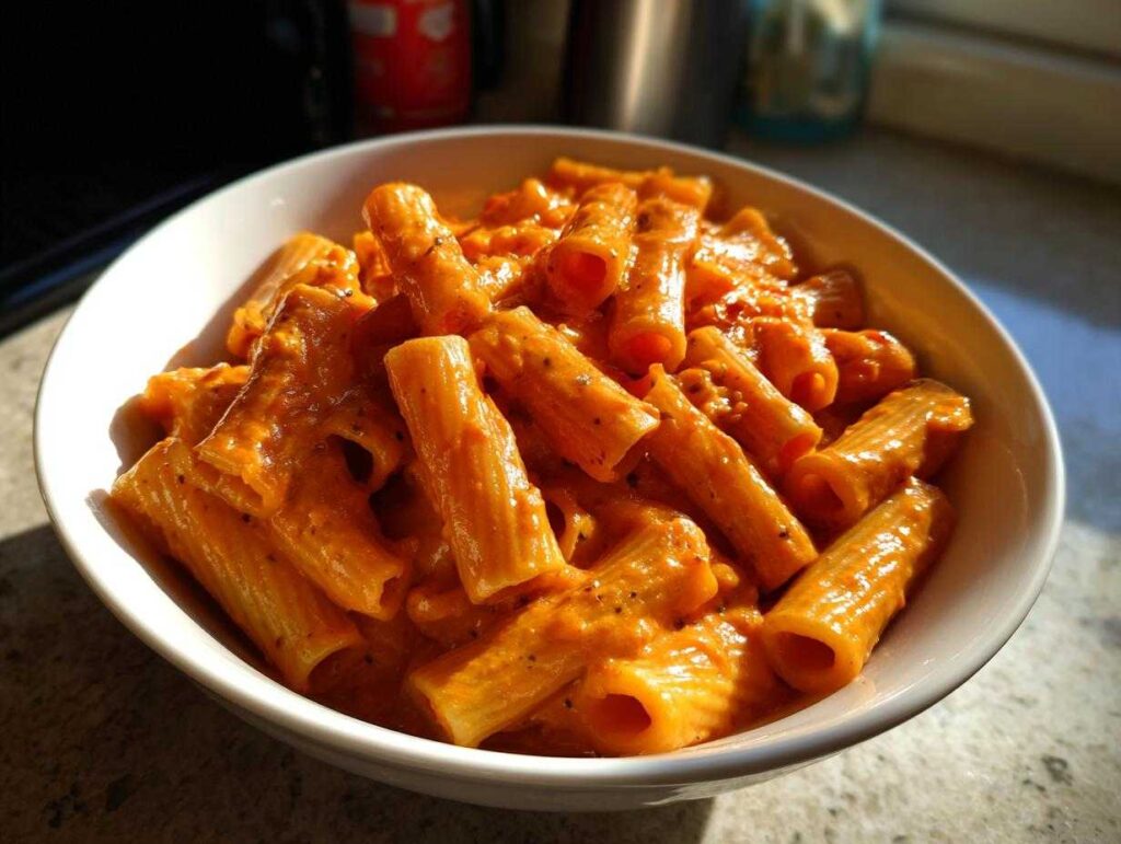 A white bowl filled with rigatoni pasta coated in rich, creamy tomato pasta sauce, highlighted by sunlight.