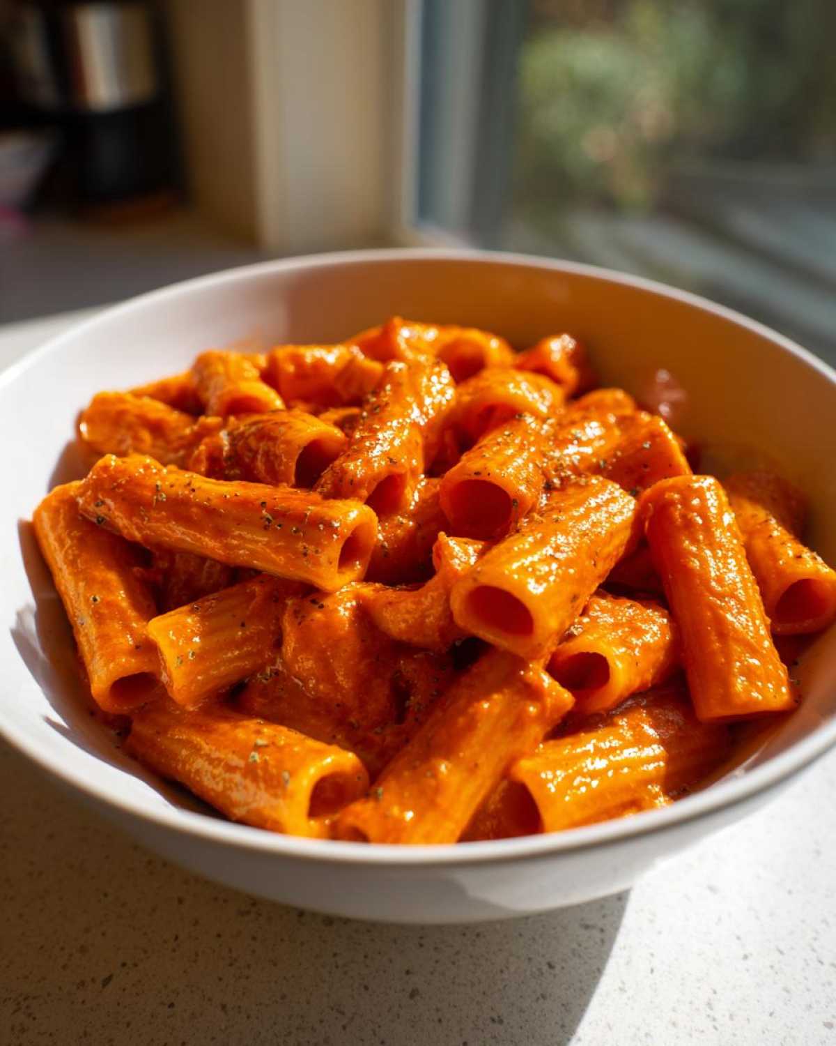 Close-up of rigatoni pasta coated in rich, creamy tomato pasta sauce in a white bowl.