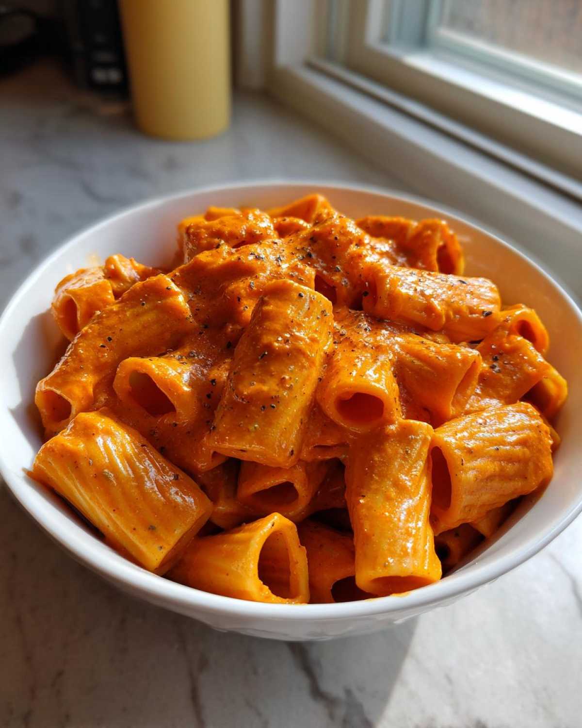 Close-up of rigatoni pasta coated in rich, creamy tomato pasta sauce, topped with black pepper.