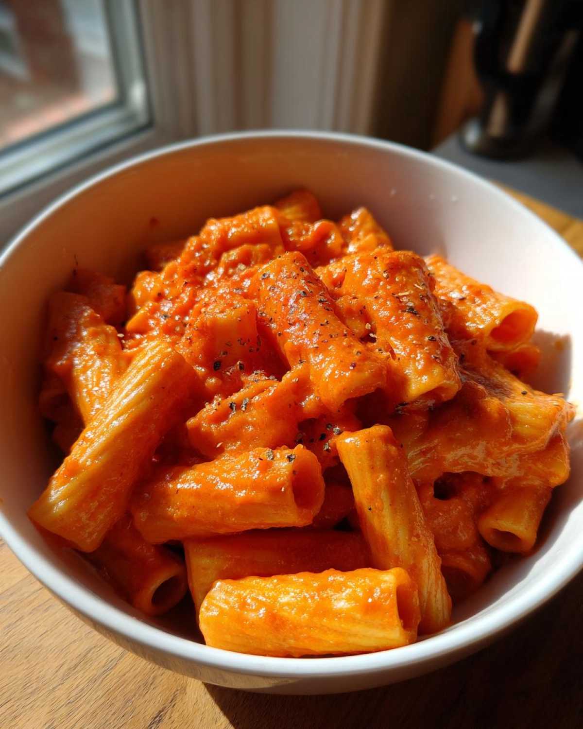 A close-up shot of rigatoni pasta coated in a rich, orange-hued creamy tomato pasta sauce, seasoned with pepper.