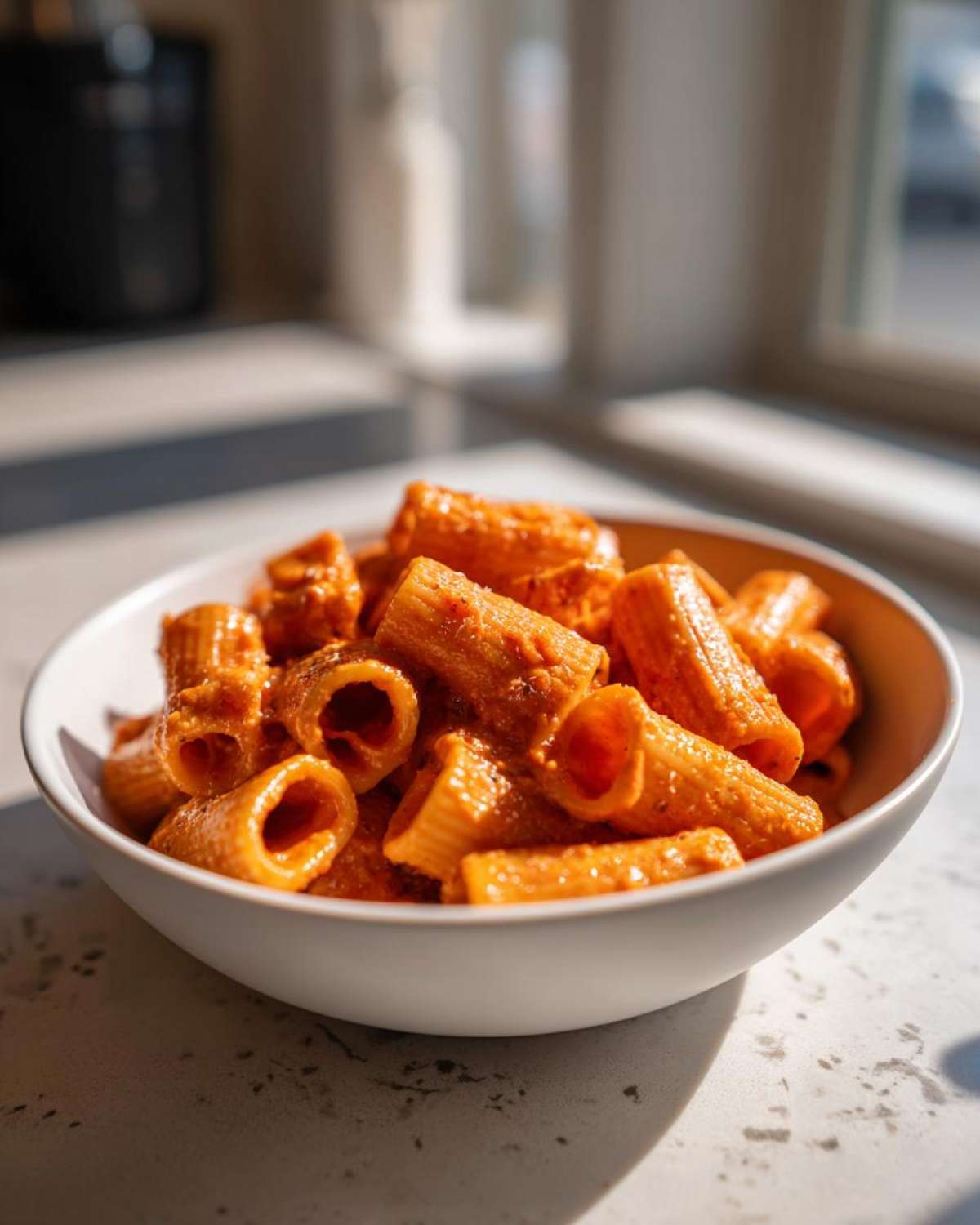 A white bowl filled with rigatoni pasta coated in rich, creamy tomato pasta sauce, brightly lit by sunlight.