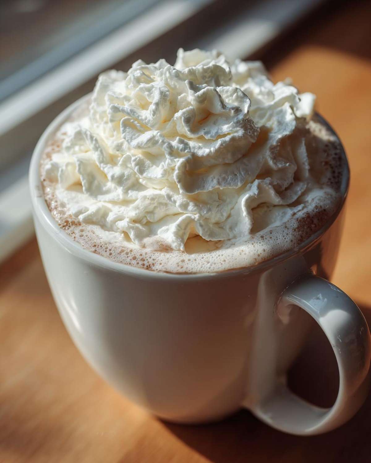 Close-up of a mug filled with creamy white hot chocolate topped generously with whipped cream.