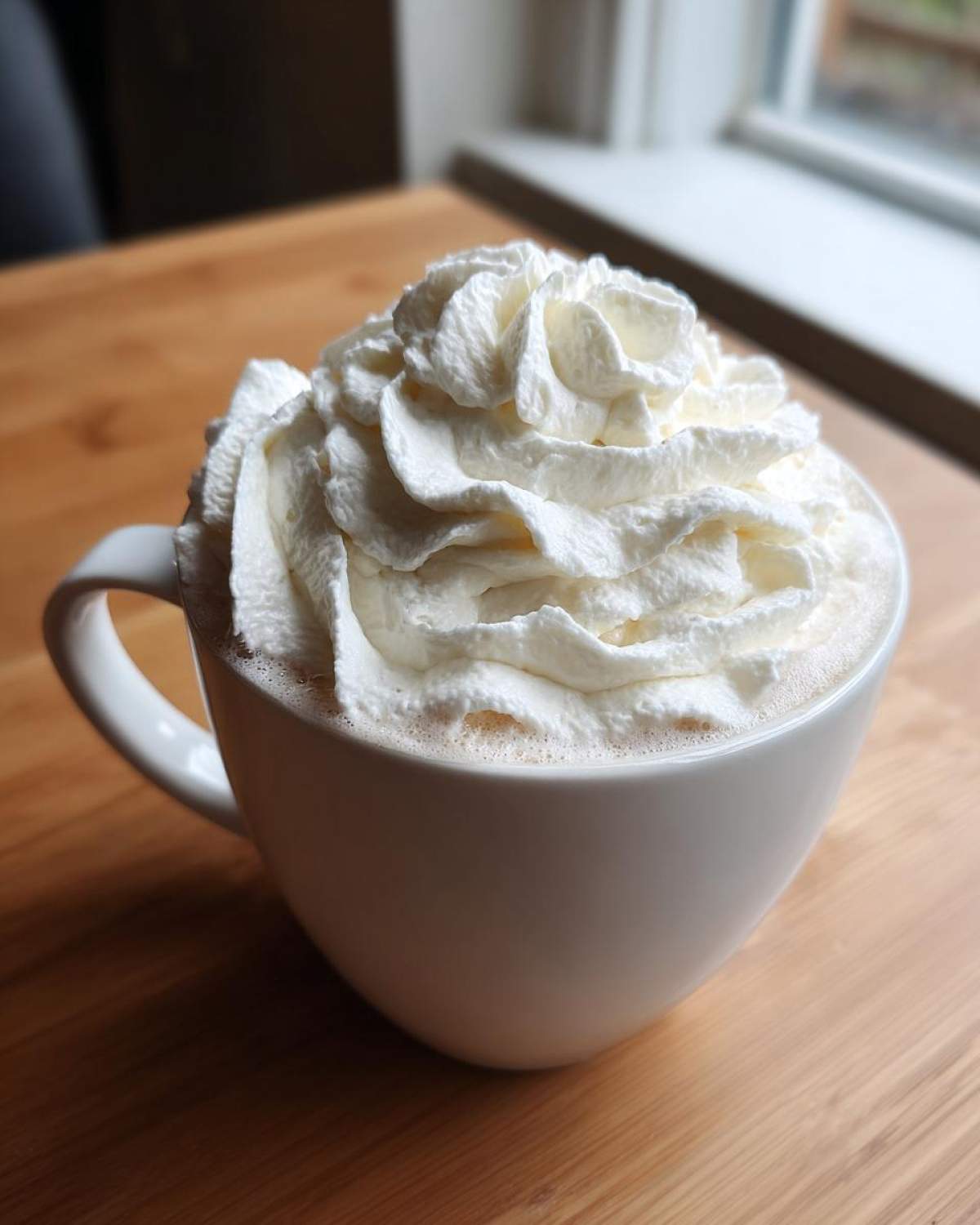 A close-up of a mug of rich white hot chocolate topped generously with whipped cream.