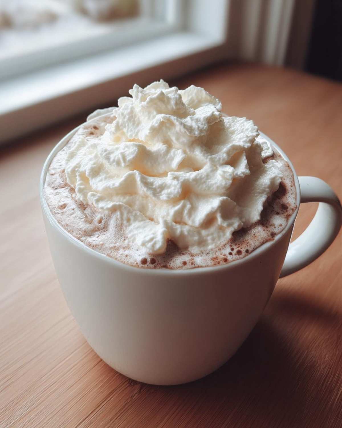 A close-up of a mug filled with creamy white hot chocolate topped generously with whipped cream.
