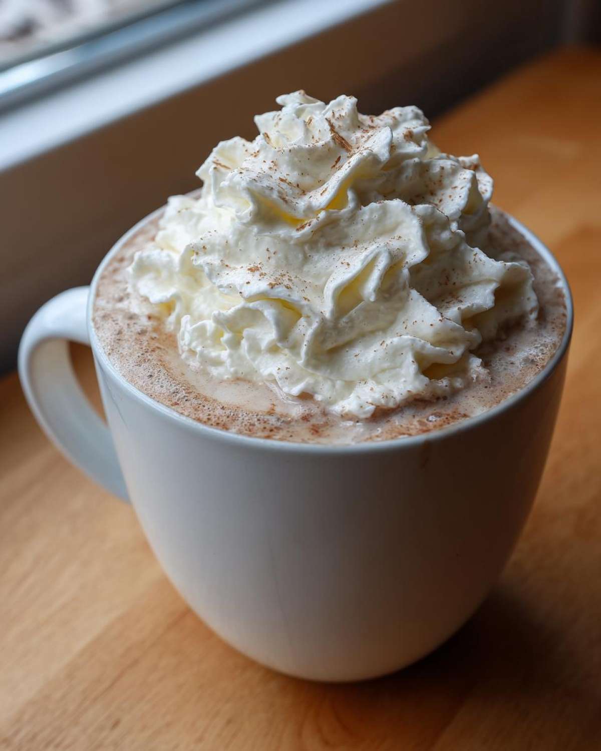 Close-up of a mug filled with creamy white hot chocolate topped high with whipped cream and a sprinkle of spice.