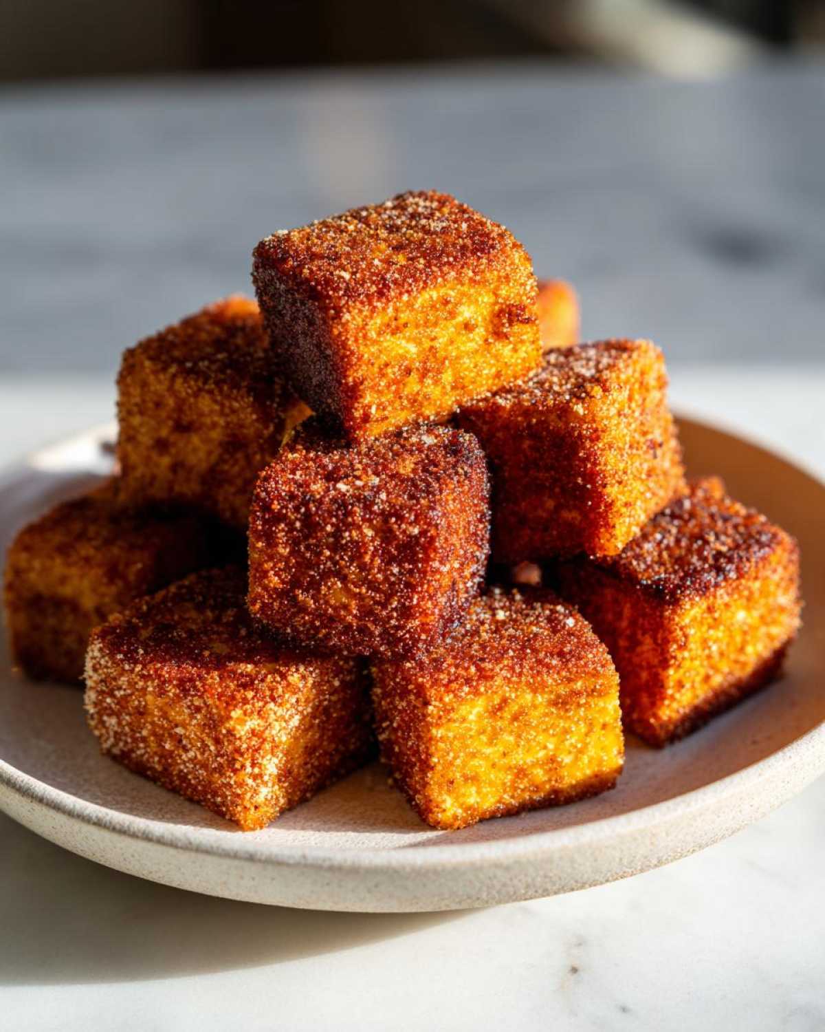 A stack of golden brown, crispy air fryer tofu cubes dusted with seasoning on a light-colored plate.