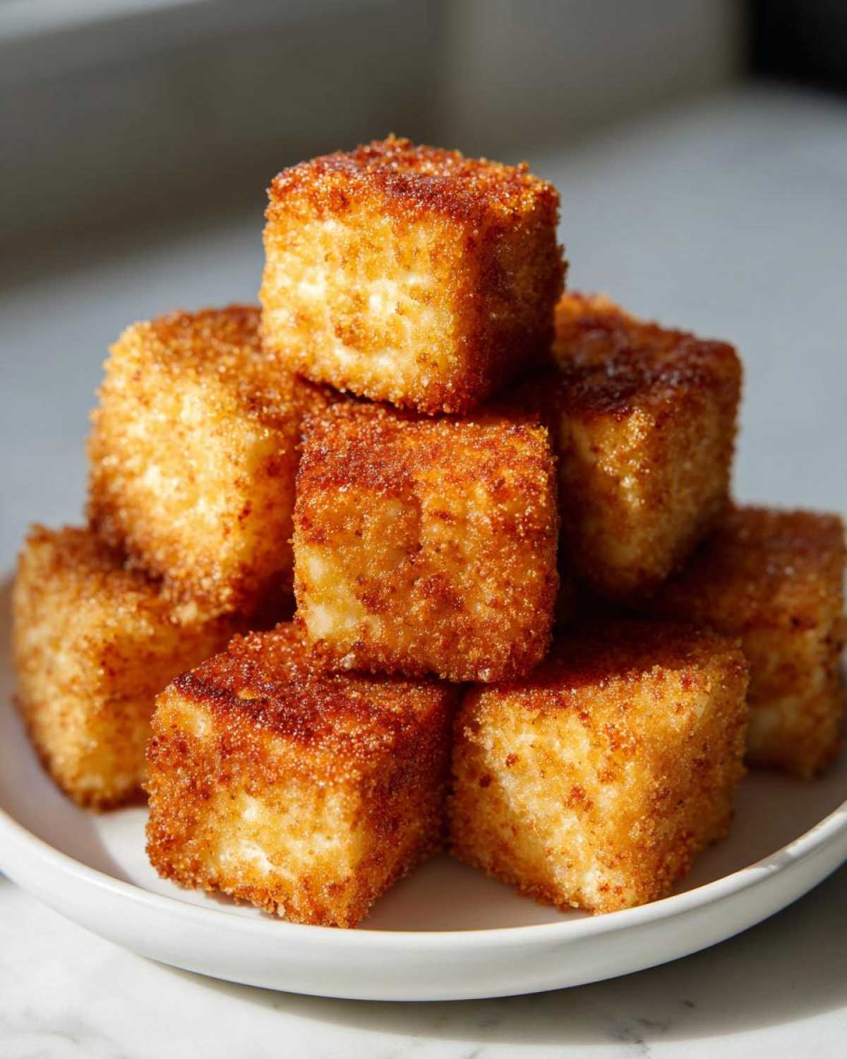 A stack of perfectly golden brown, crispy air fryer tofu cubes piled high on a white plate.