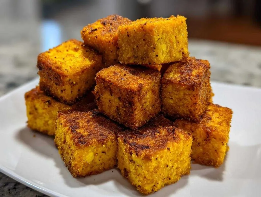 Stack of perfectly crispy, golden brown seasoned air fryer tofu cubes on a white plate.
