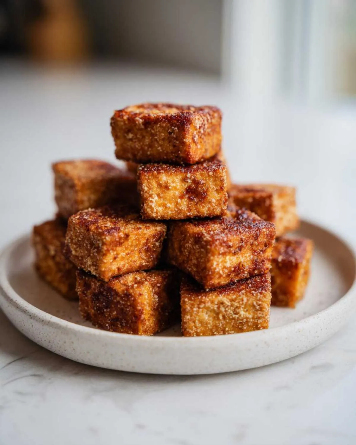 A stack of perfectly crispy, golden brown air fryer tofu cubes coated in seasoning on a speckled white plate.