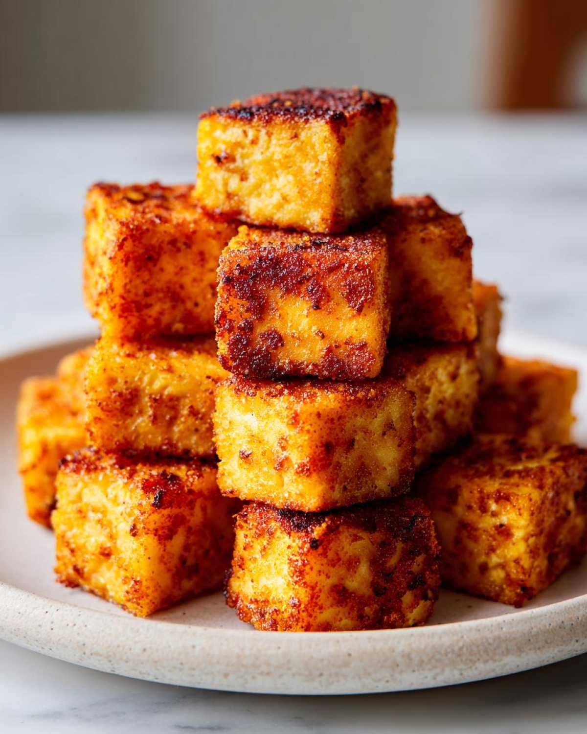 A stack of golden brown, crispy seasoned air fryer tofu cubes piled high on a light-colored plate.