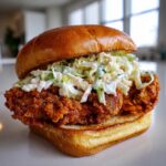 A close-up of a juicy, crispy buffalo chicken sandwich topped generously with creamy coleslaw on a toasted brioche bun.