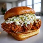 A close-up of a juicy, crispy buffalo chicken sandwich topped generously with creamy coleslaw on a toasted brioche bun.
