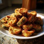 A white plate piled high with golden brown, crispy slices of fried okra recipe, catching the sunlight.