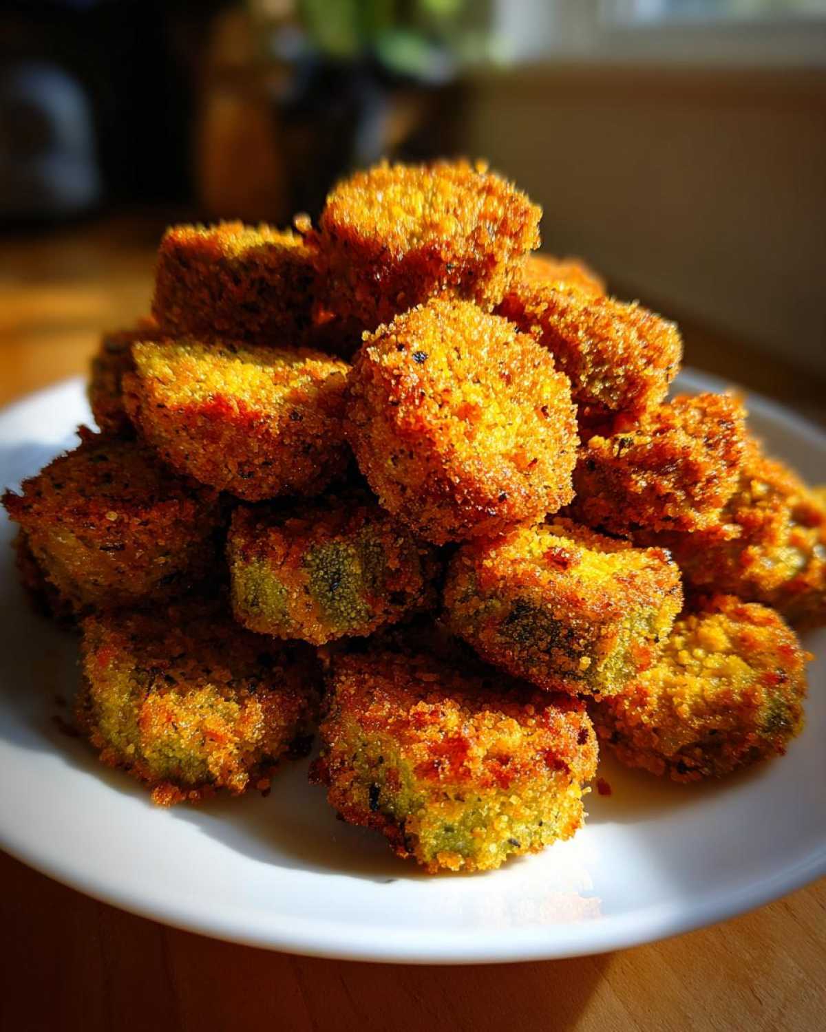 A golden brown stack of crispy fried okra pieces piled high on a white plate.