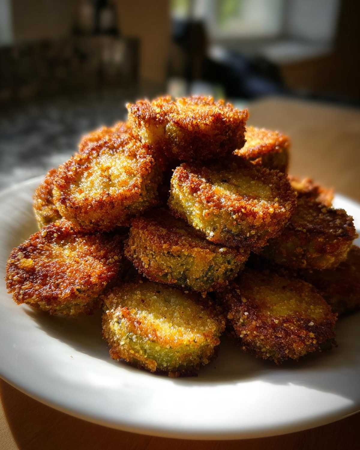 A mound of perfectly golden brown, crispy fried okra recipe pieces stacked high on a white plate.