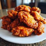 A close-up of a pile of crispy, glazed buffalo wings served on a white plate.