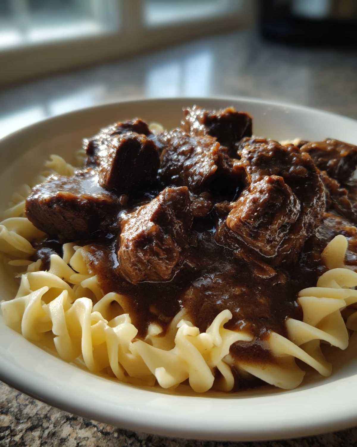 Close-up of tender crockpot beef tips smothered in rich brown gravy served over wide egg noodles in a white bowl.