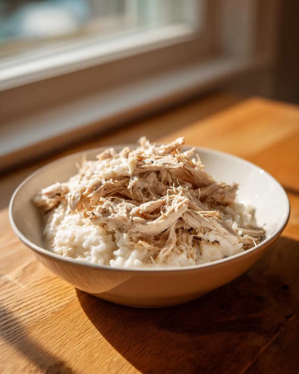 A bowl of creamy rice topped with shredded chicken, ready to eat, from a crockpot chicken and rice recipe.
