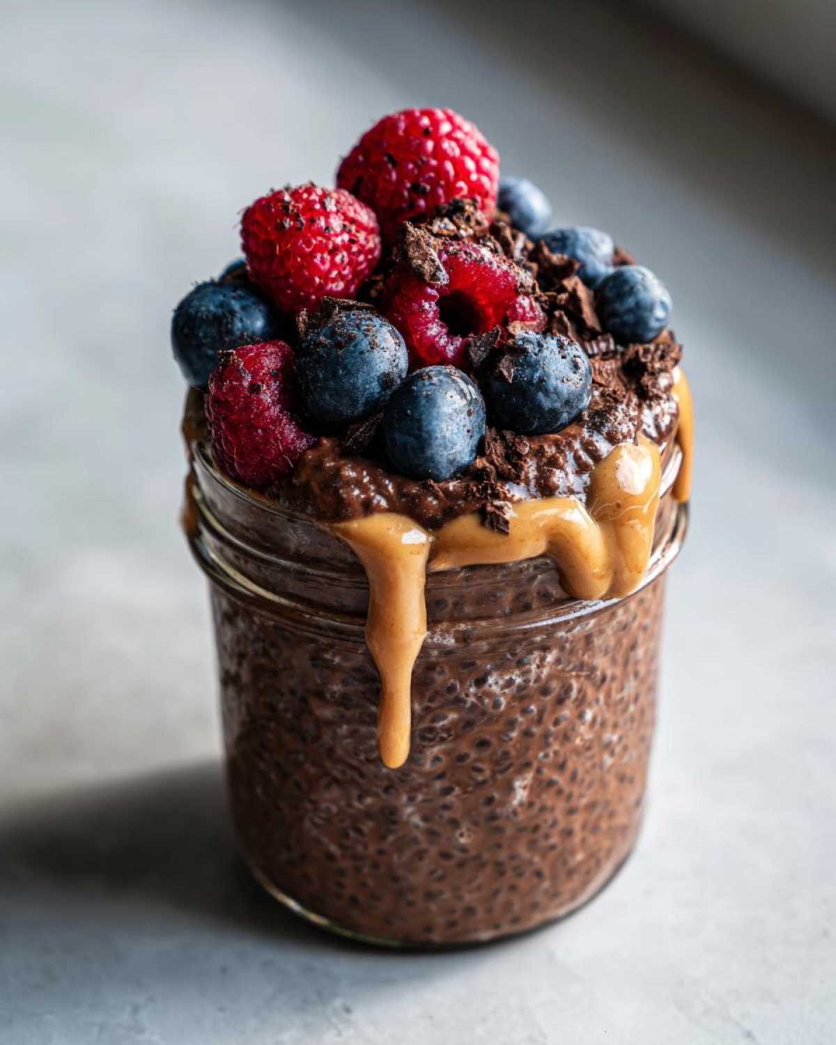 Close-up of chocolate overnight oats topped with fresh raspberries, blueberries, and peanut butter drizzle.