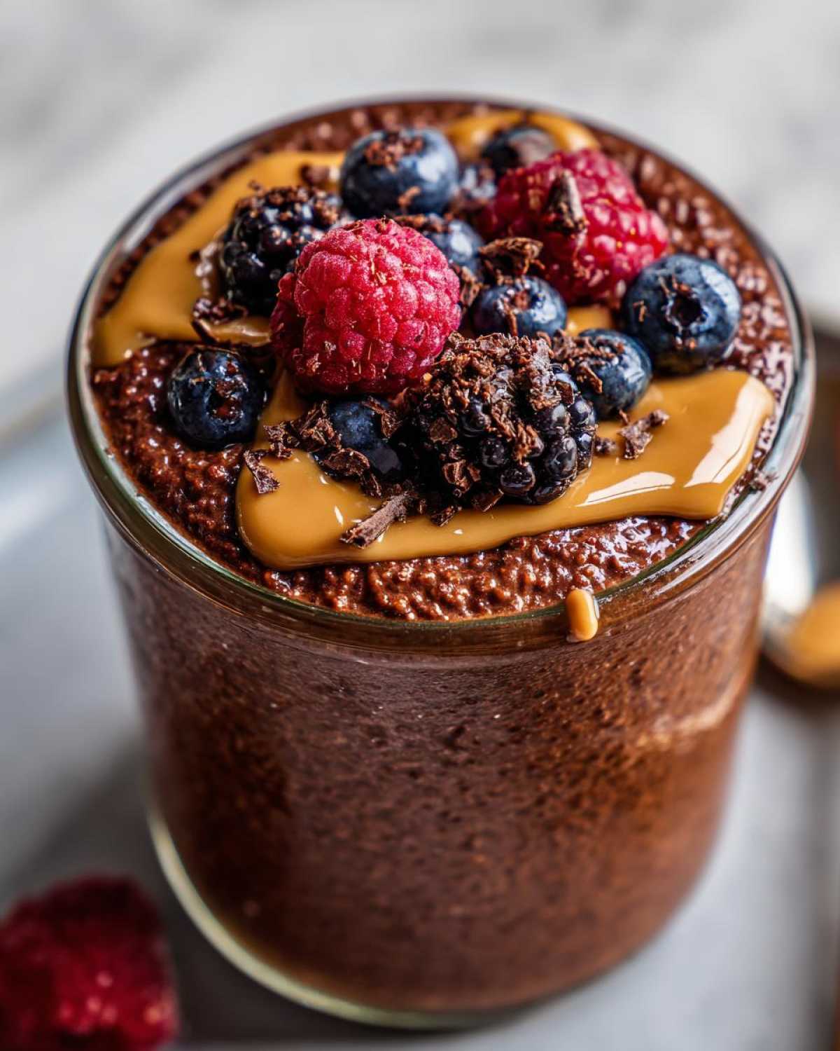 Close-up of chocolate overnight oats topped with peanut butter, fresh raspberries, blueberries, and blackberries.