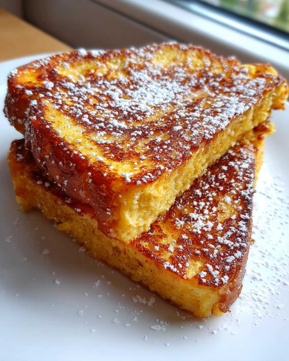 Two stacked slices of golden brown easy french toast dusted generously with powdered sugar on a white plate.