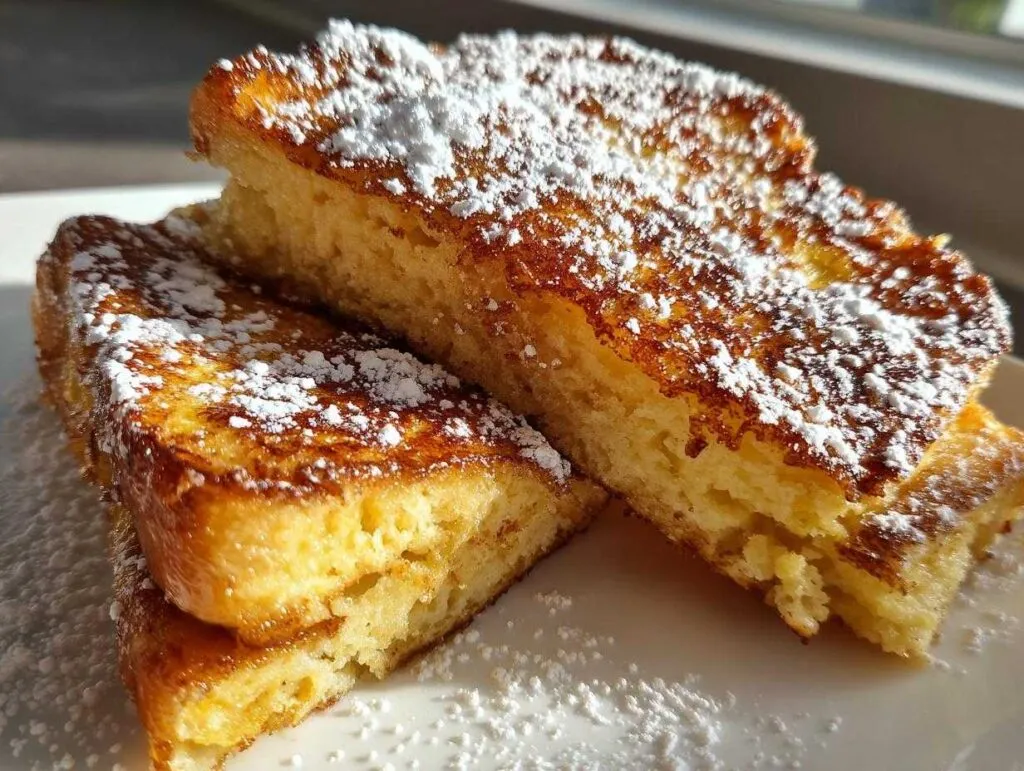 Close-up of two thick slices of golden brown easy french toast dusted heavily with powdered sugar.