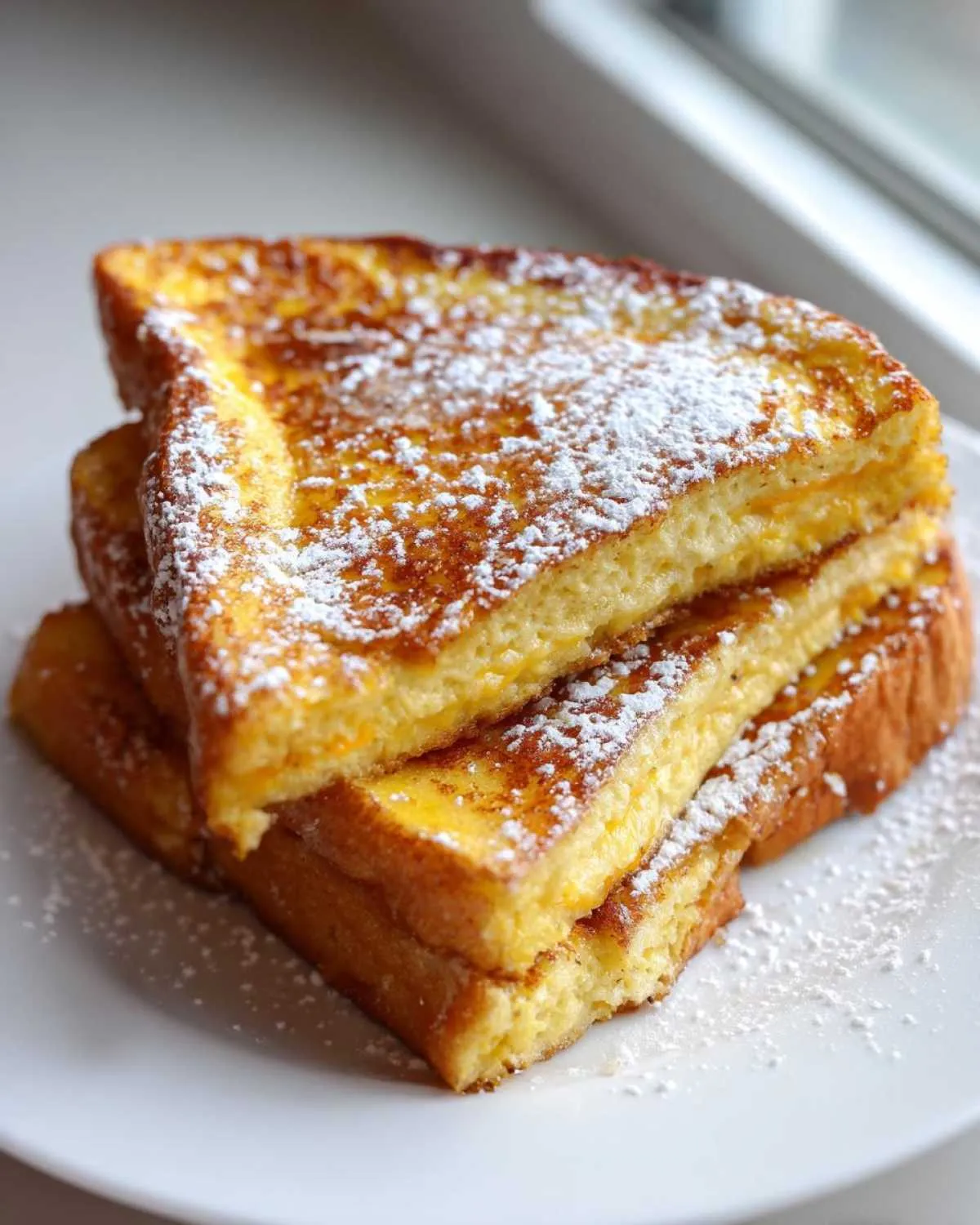 A stack of three golden brown slices of easy french toast, generously dusted with powdered sugar, served on a white plate.