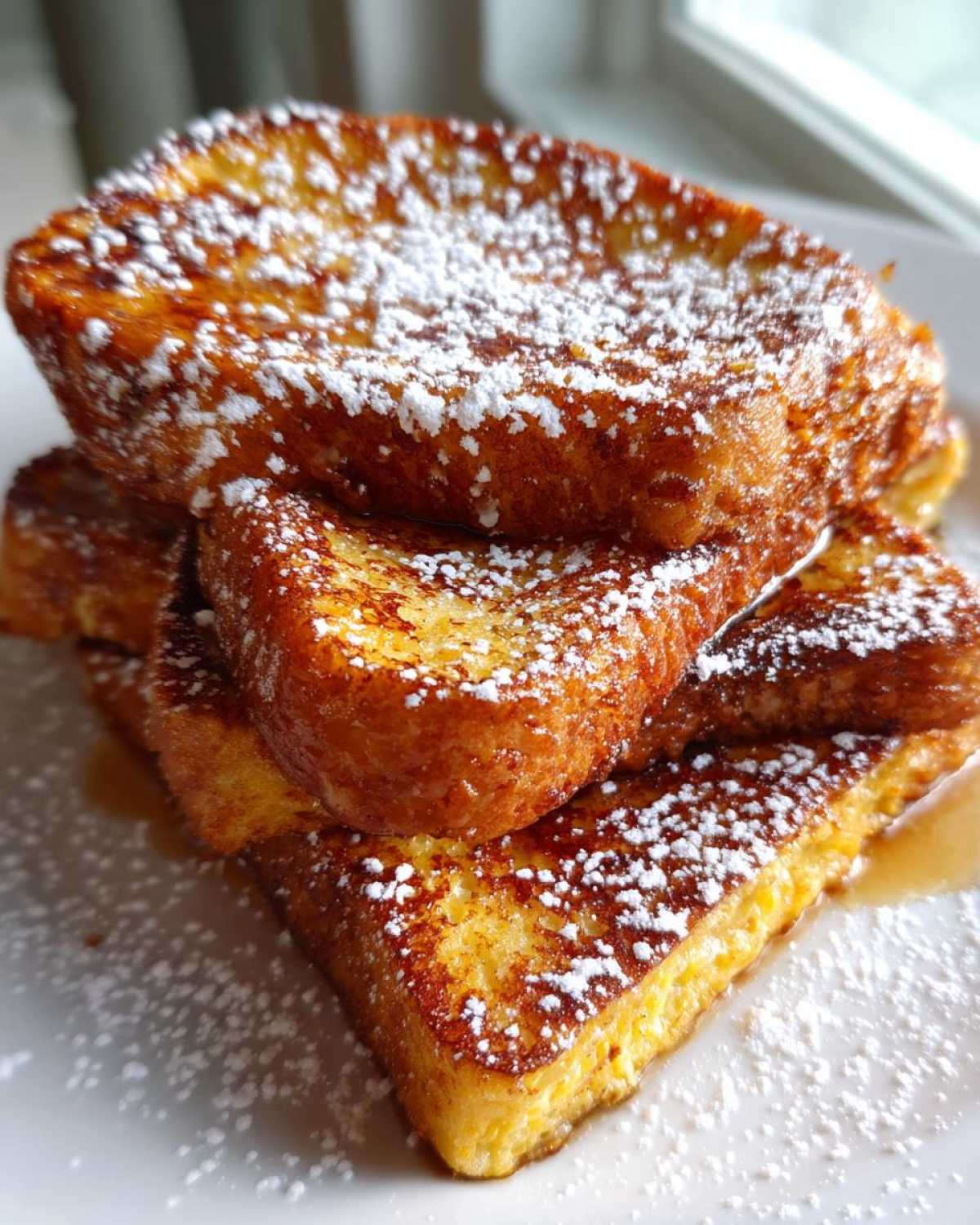 A stack of golden brown, thick-cut easy french toast dusted generously with powdered sugar.