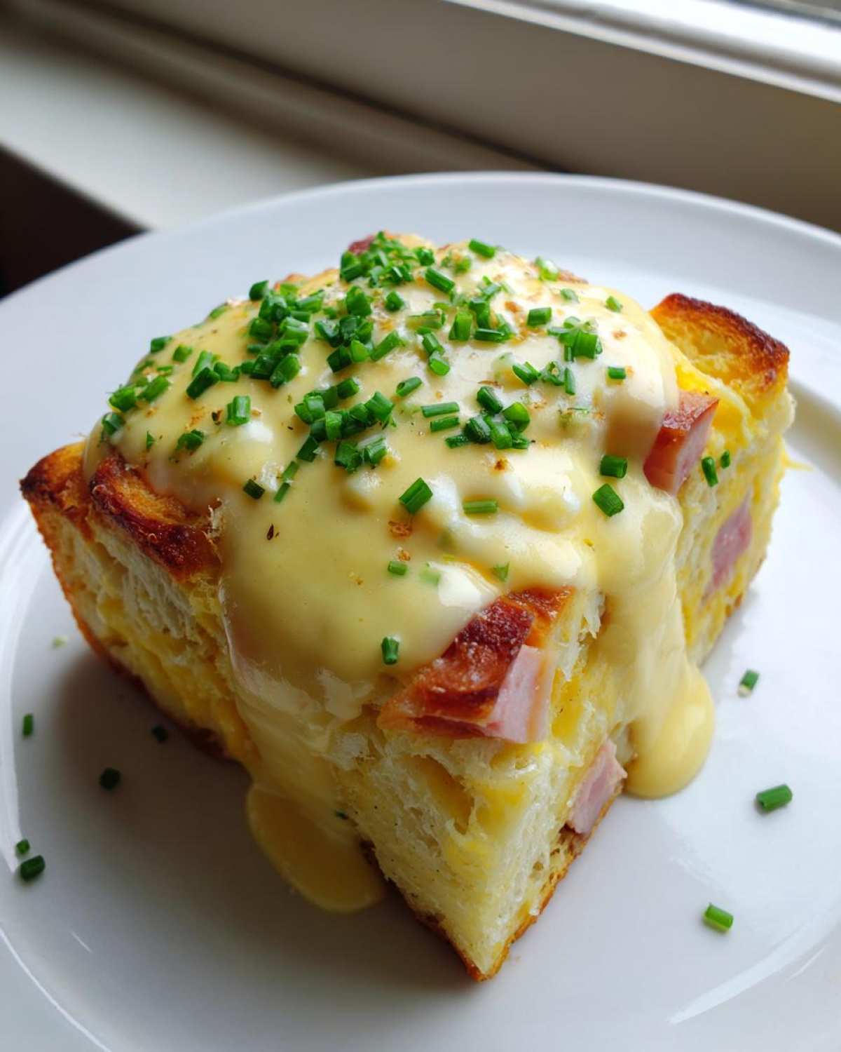 A square slice of baked eggs benedict casserole topped with rich hollandaise sauce and fresh chives.