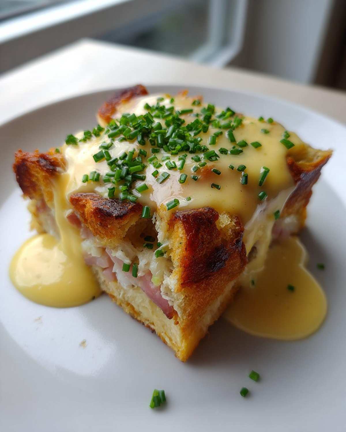 A square serving of baked Eggs Benedict Casserole topped with rich hollandaise sauce and fresh chives.