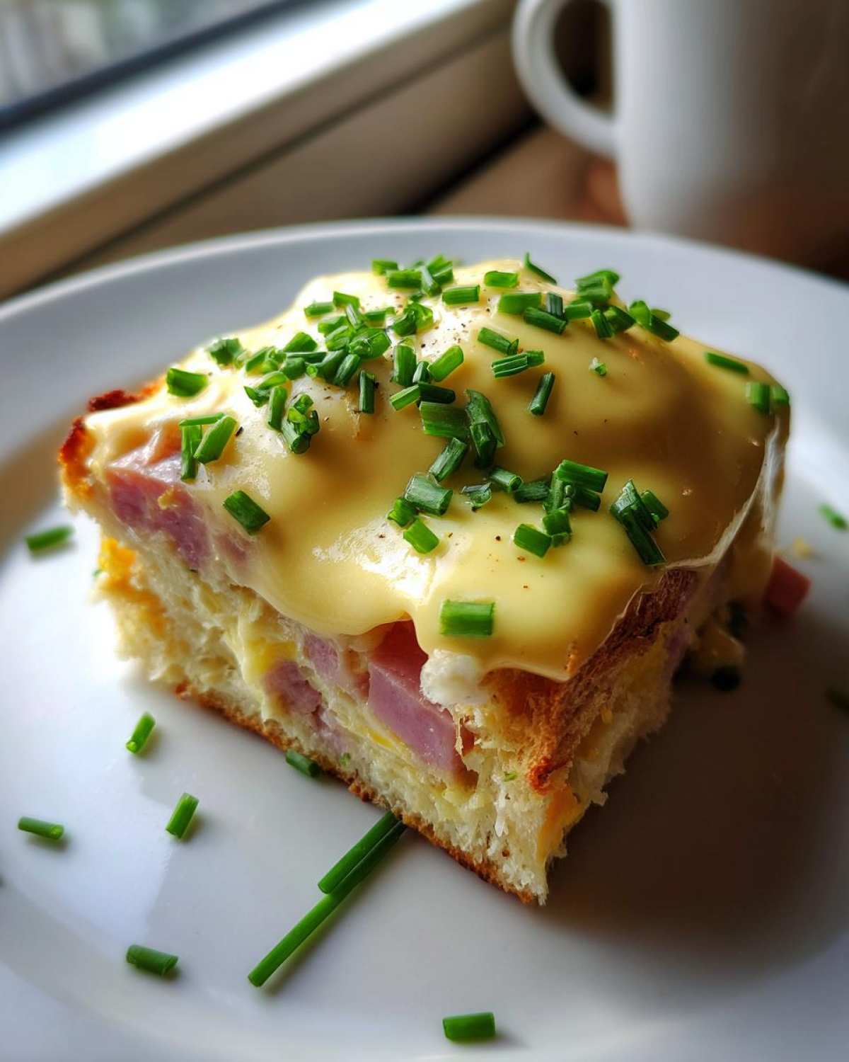 A square slice of eggs benedict casserole topped with rich hollandaise sauce and fresh chives.