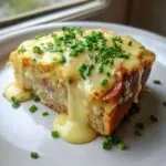 A thick slice of Eggs Benedict Casserole topped with rich hollandaise sauce and fresh chives.