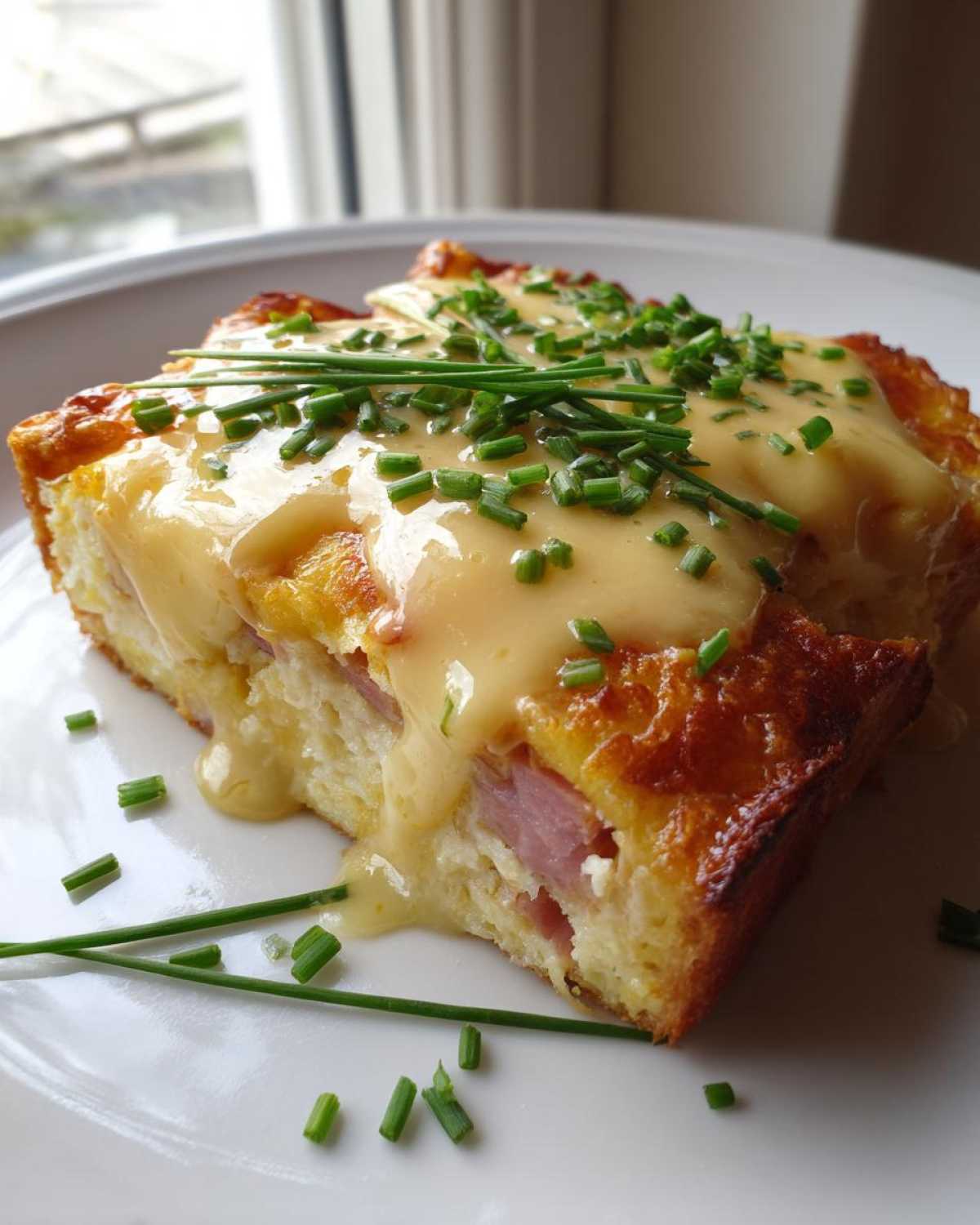 A square slice of baked eggs benedict casserole topped with creamy hollandaise sauce and fresh chives.