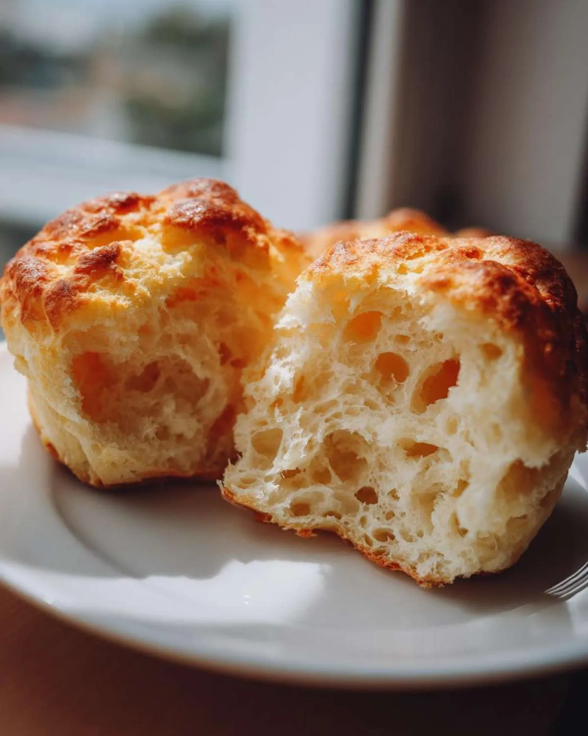 A golden-brown english muffin torn in half, showing the airy interior and signature nooks and crannies.