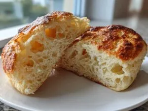 Close-up of an english muffin cut in half, revealing the signature airy interior structure with many nooks and crannies.