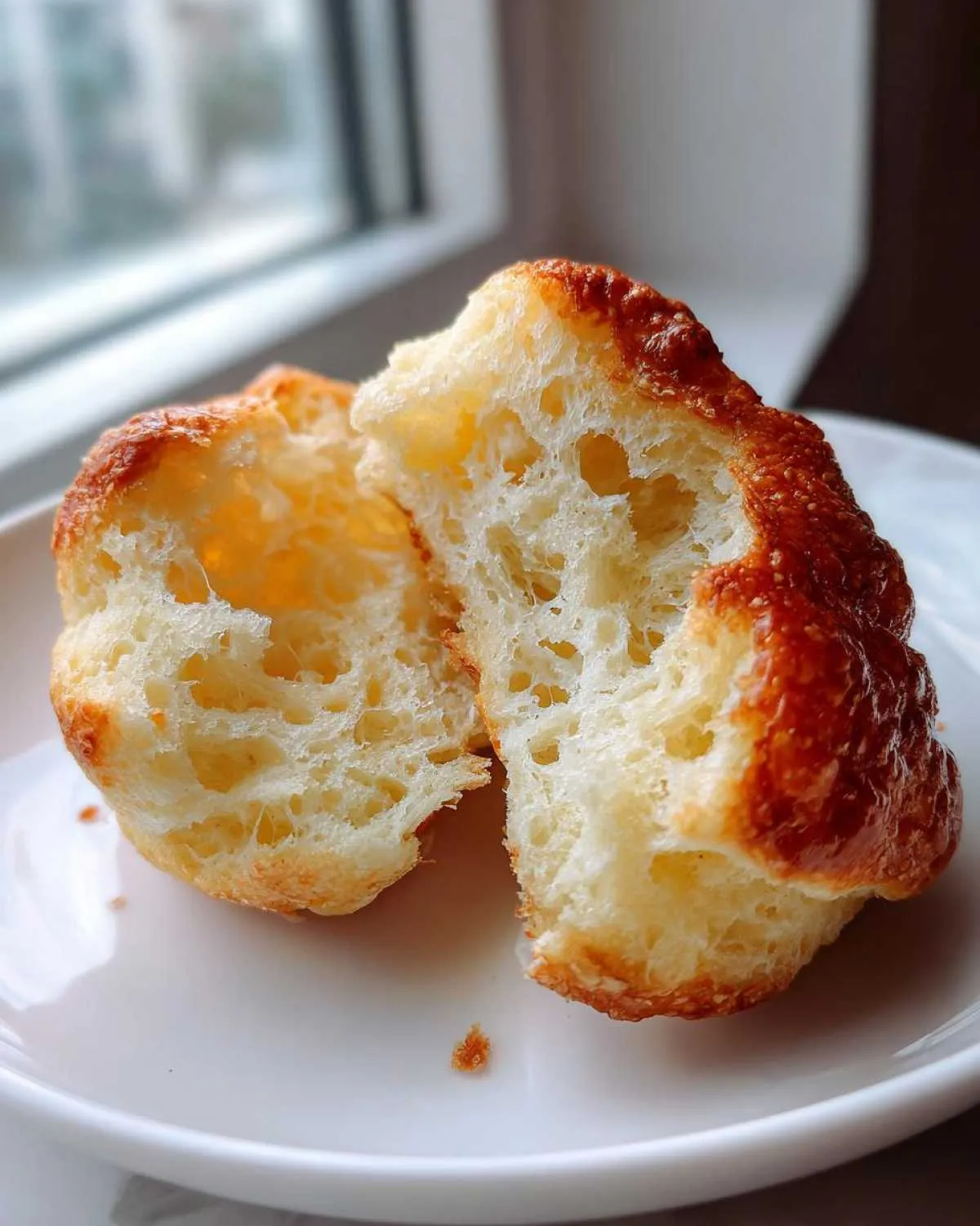 A homemade english muffin split in half showing its airy interior texture and golden-brown crust.