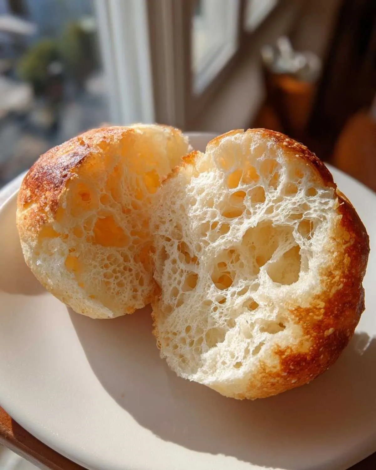 Close-up of an english muffin split in half showing the open, holey crumb structure.