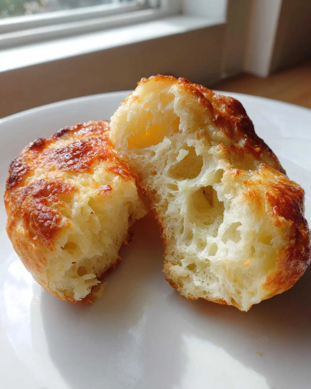 Close-up of an english muffin split in half showing its airy, open crumb structure and golden-brown top.