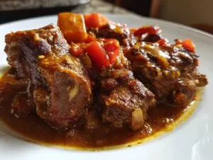 Close-up of rich, dark brown stew chicken pieces with peppers and onions in a savory sauce.